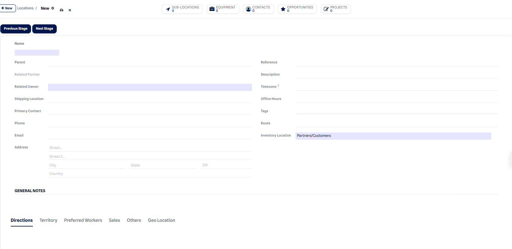 Formulaire de création d'un site avec nom, site parent, client et adresse