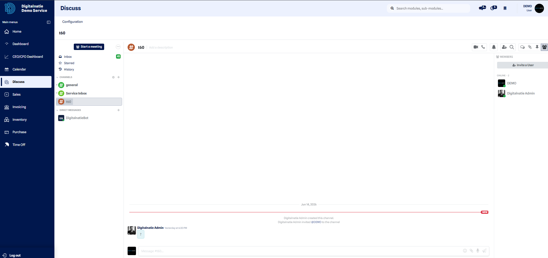 Espace de discussion interne avec la liste des canaux et des messages directs